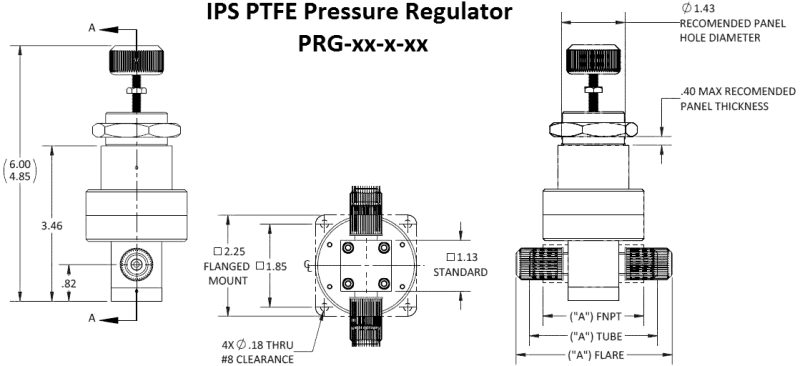 iPolymer PTFE Pressure Regulators Dimensions